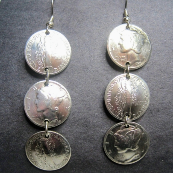 Vintage Domed 3 Mercury Dimes Tiered Cascade Drop Hook Earrings - Picture 3 of 4